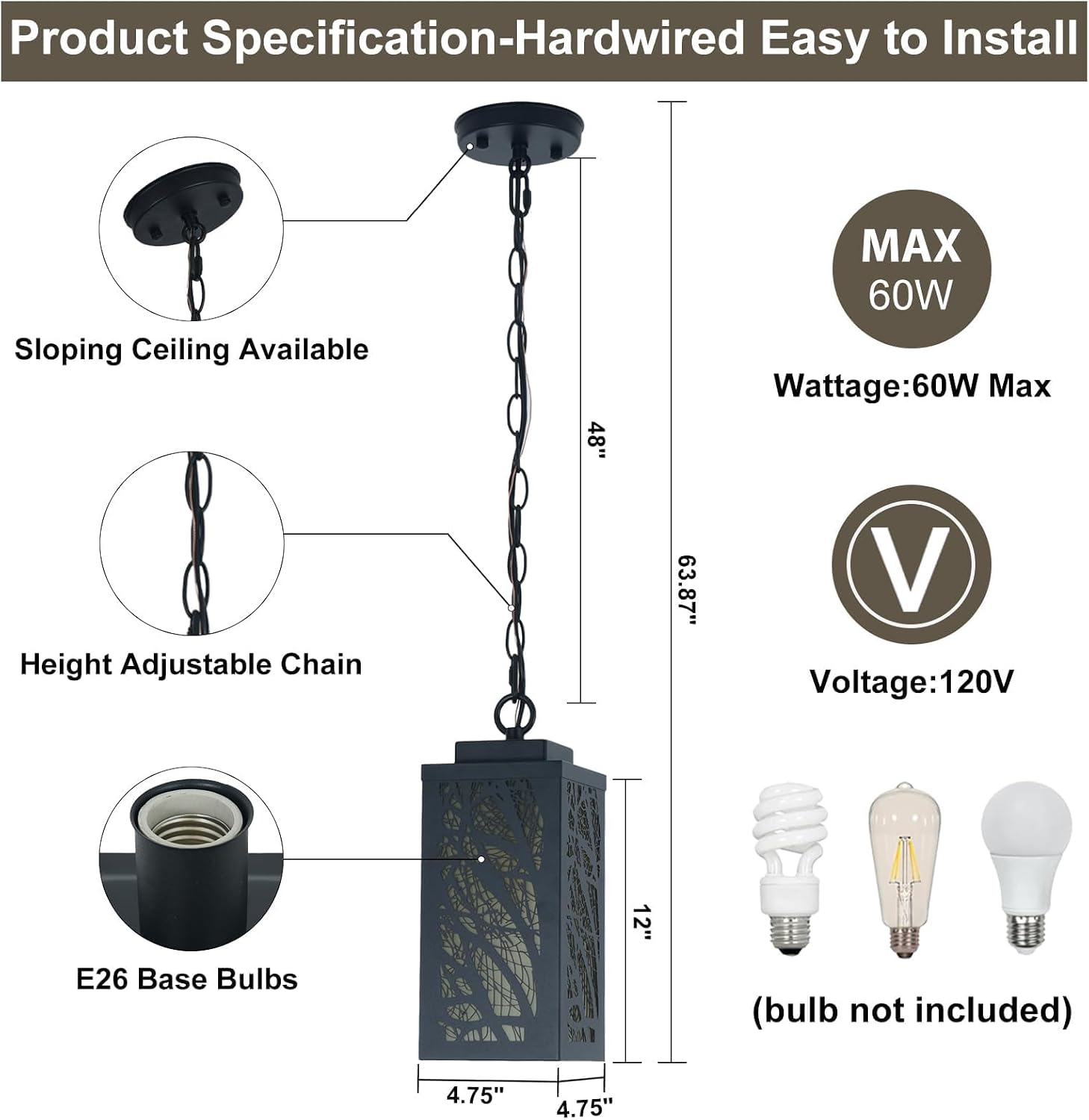 Rustic Matte Black Tree Branch Outdoor Pendant Light