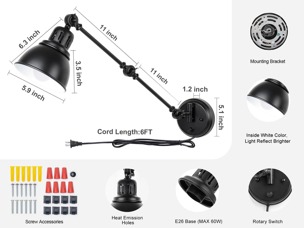 Dimmable Swing Arm Black Wall Sconces 2 Pack