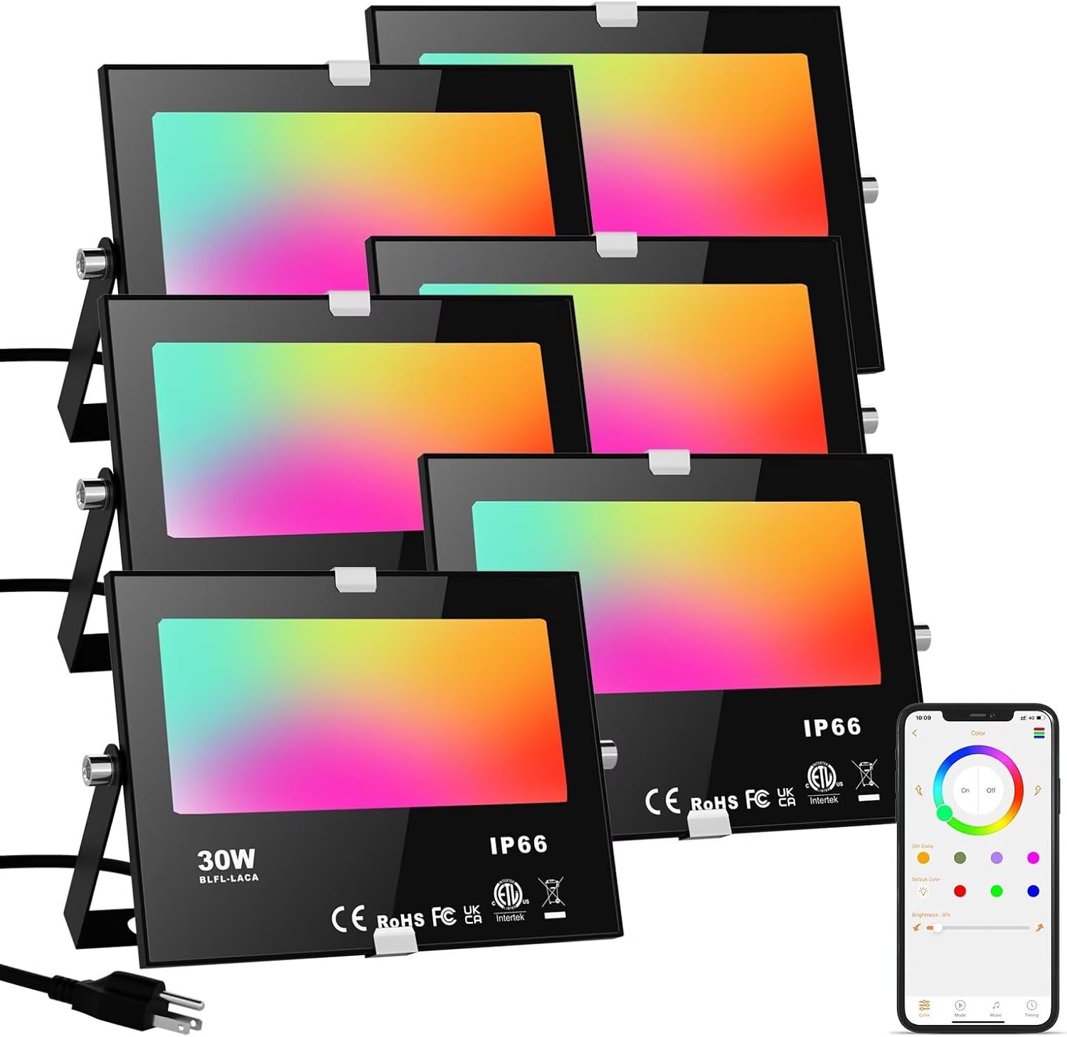 30W Bluetooth RGB Smart Flood Lights 6 Pack