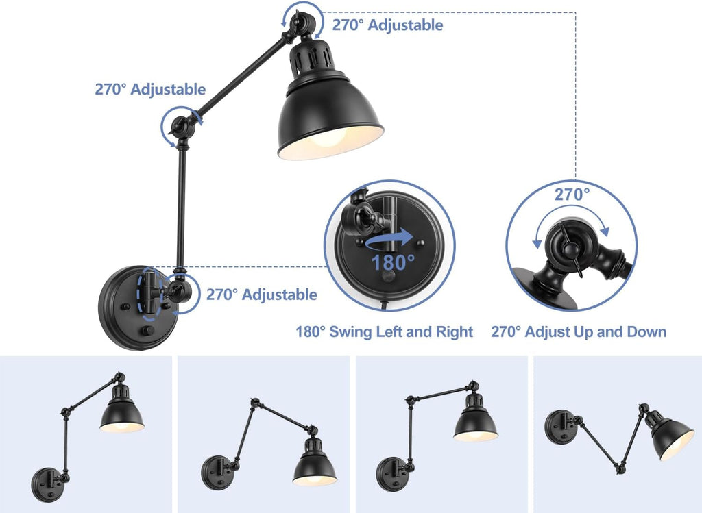 Dimmable Swing Arm Black Wall Sconces 2 Pack