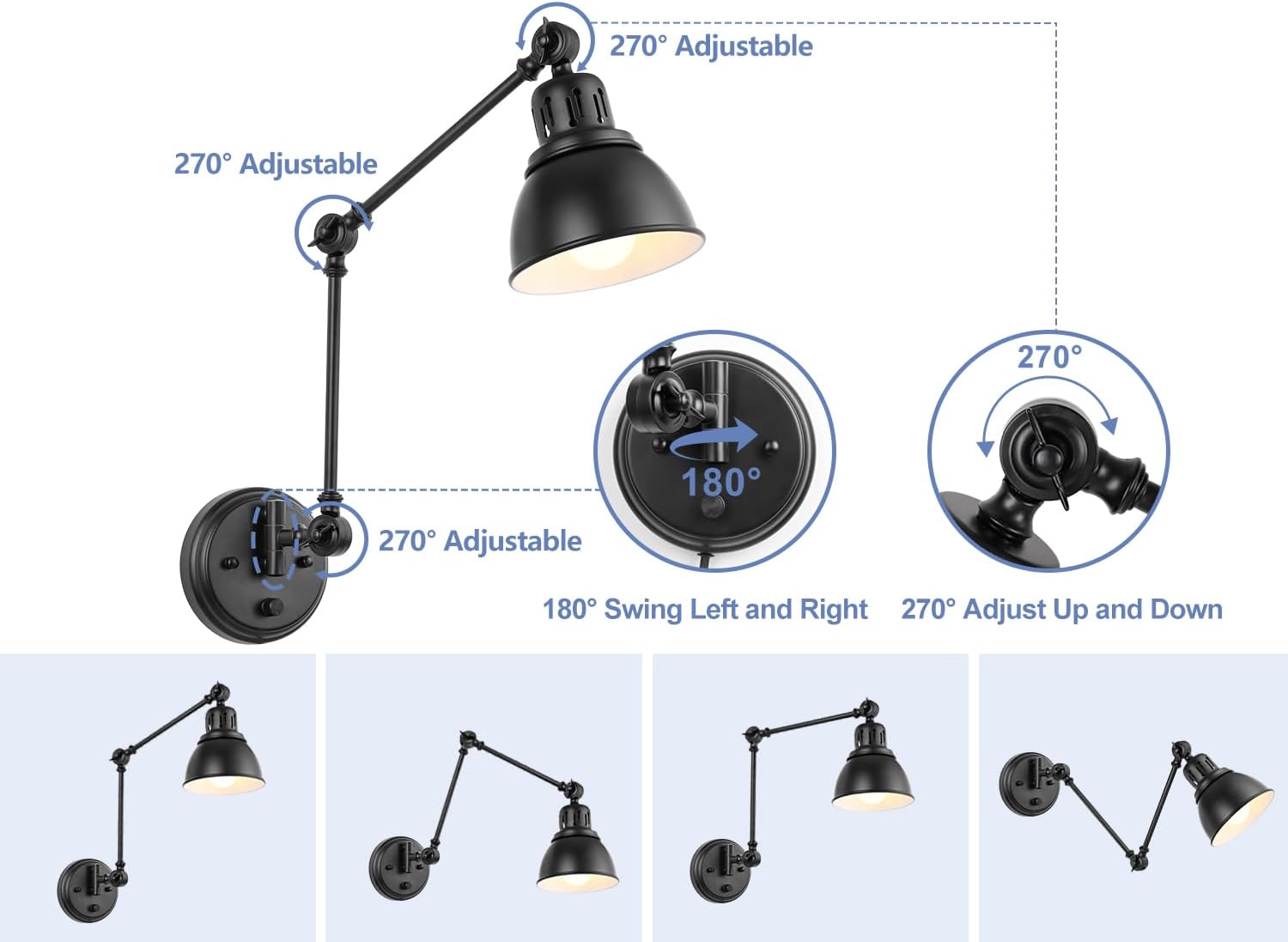 Dimmable Swing Arm Black Wall Sconces 2 Pack