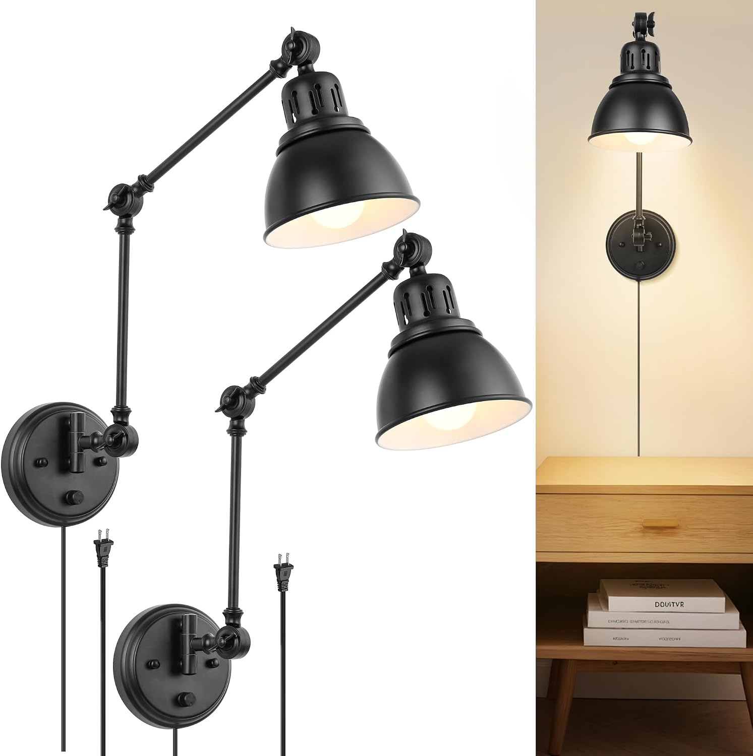 Dimmable Swing Arm Black Wall Sconces 2 Pack