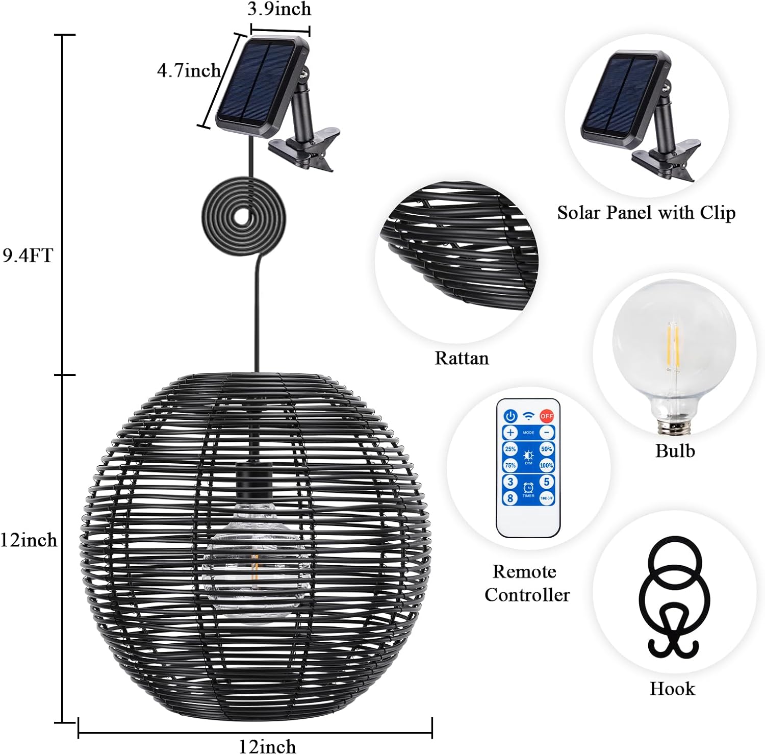 Rattan Solar Outdoor Pendant Chandelier with Remote