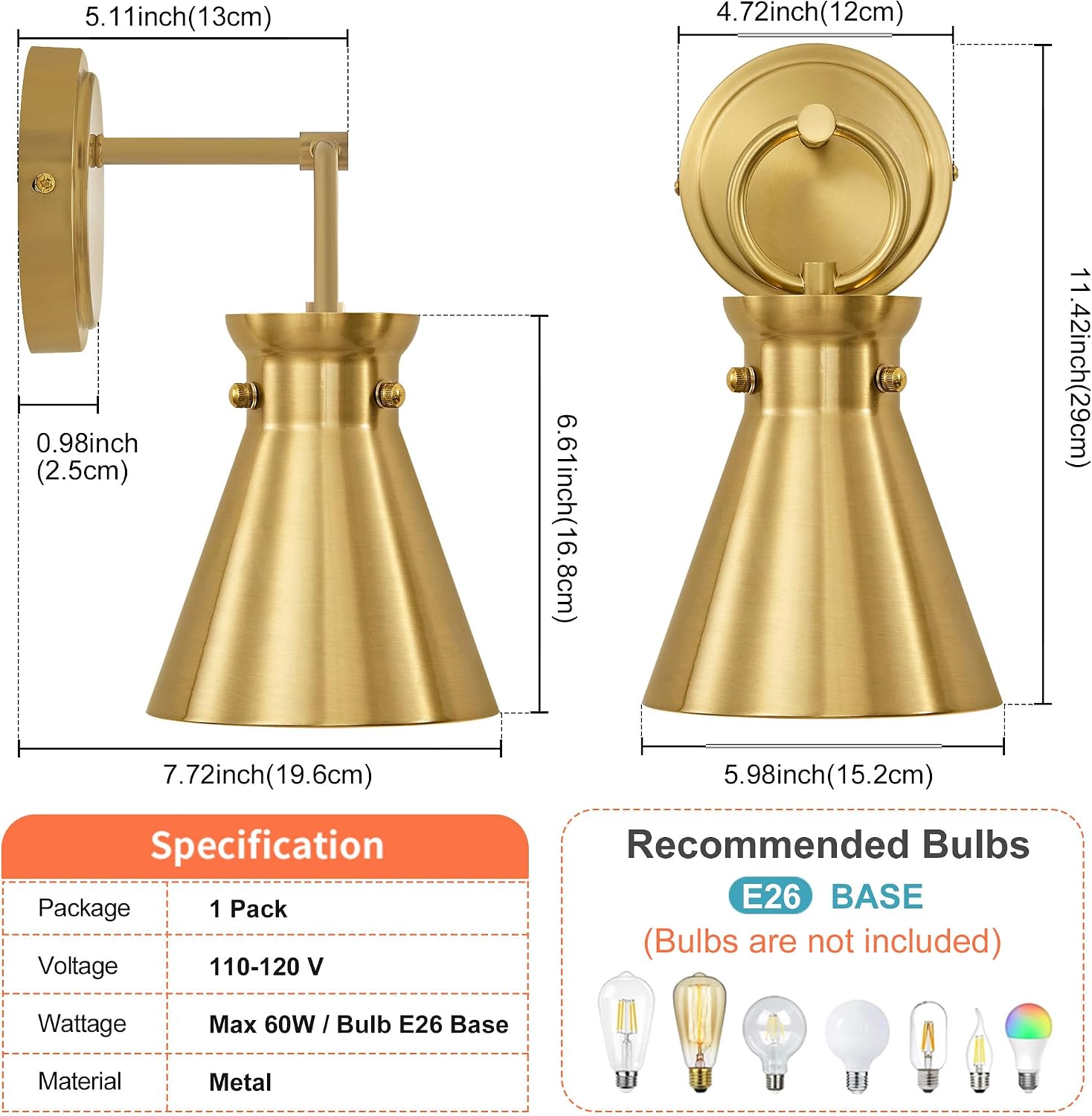 Gold Bathroom Wall Sconce 1 Pack