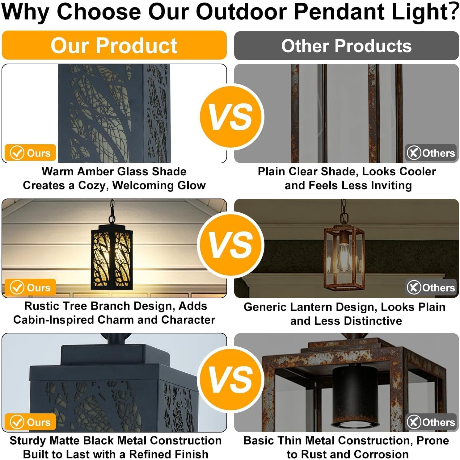 Rustic Matte Black Tree Branch Outdoor Pendant Light