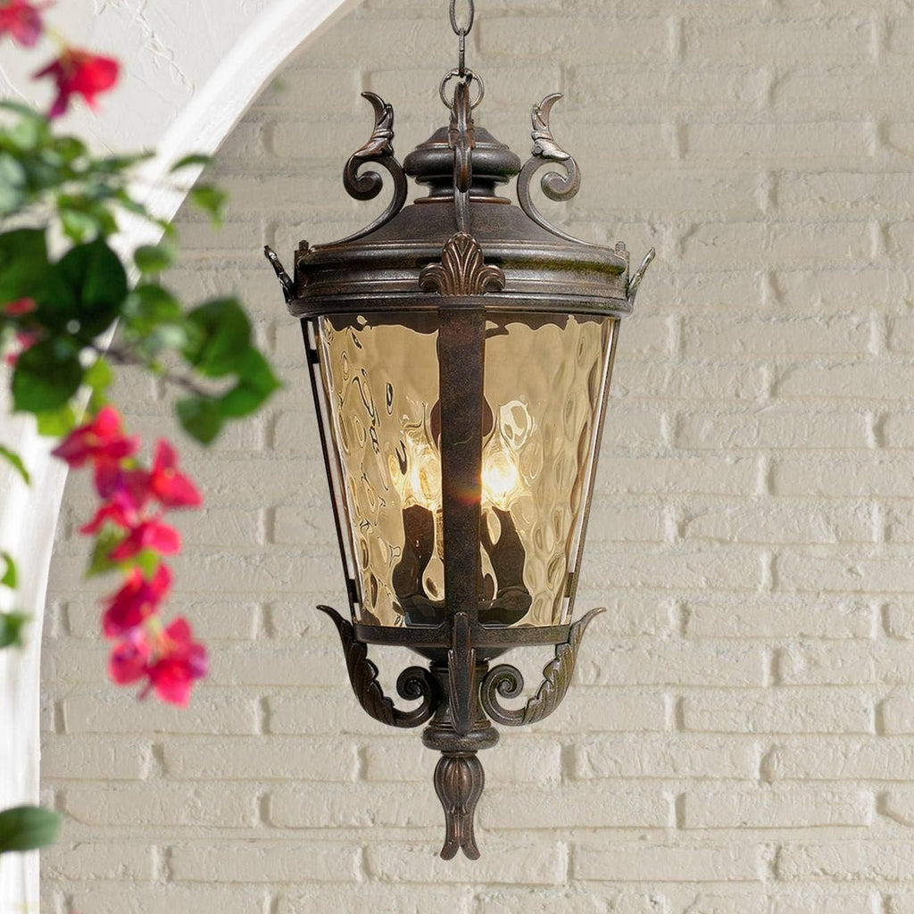 Bronze Scroll Hammered Glass European Outdoor Pendant Light