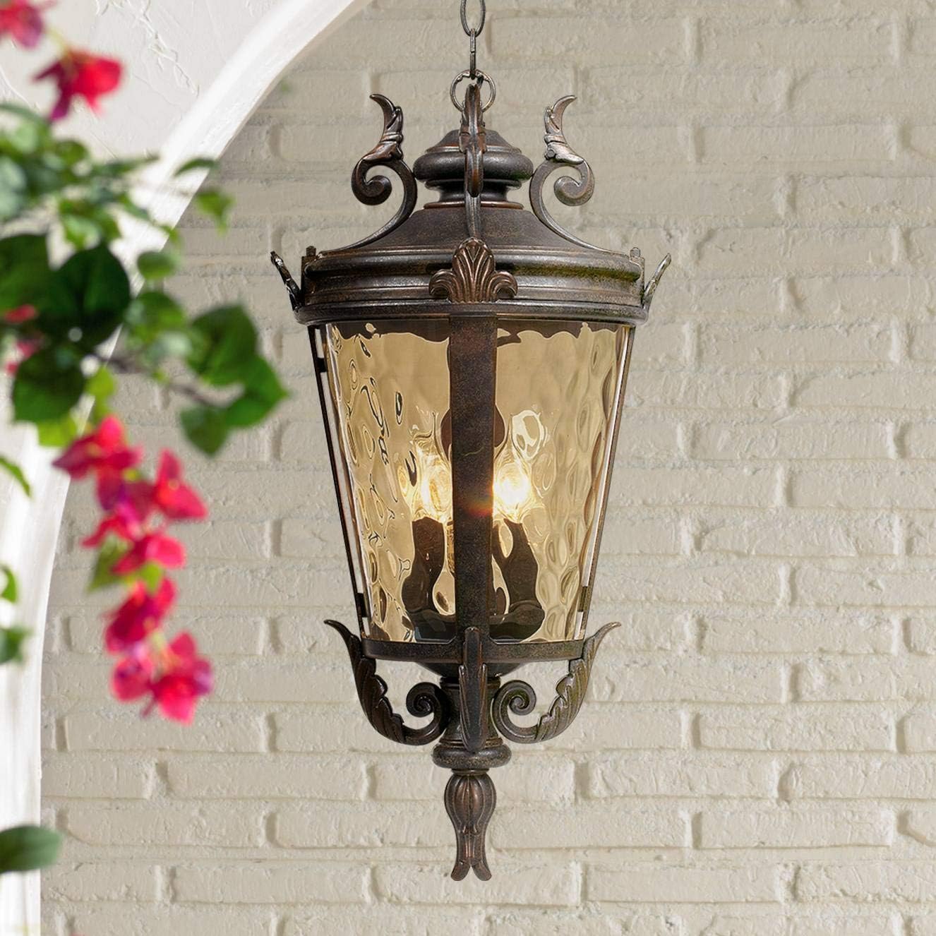 Bronze Scroll Hammered Glass European Outdoor Pendant Light