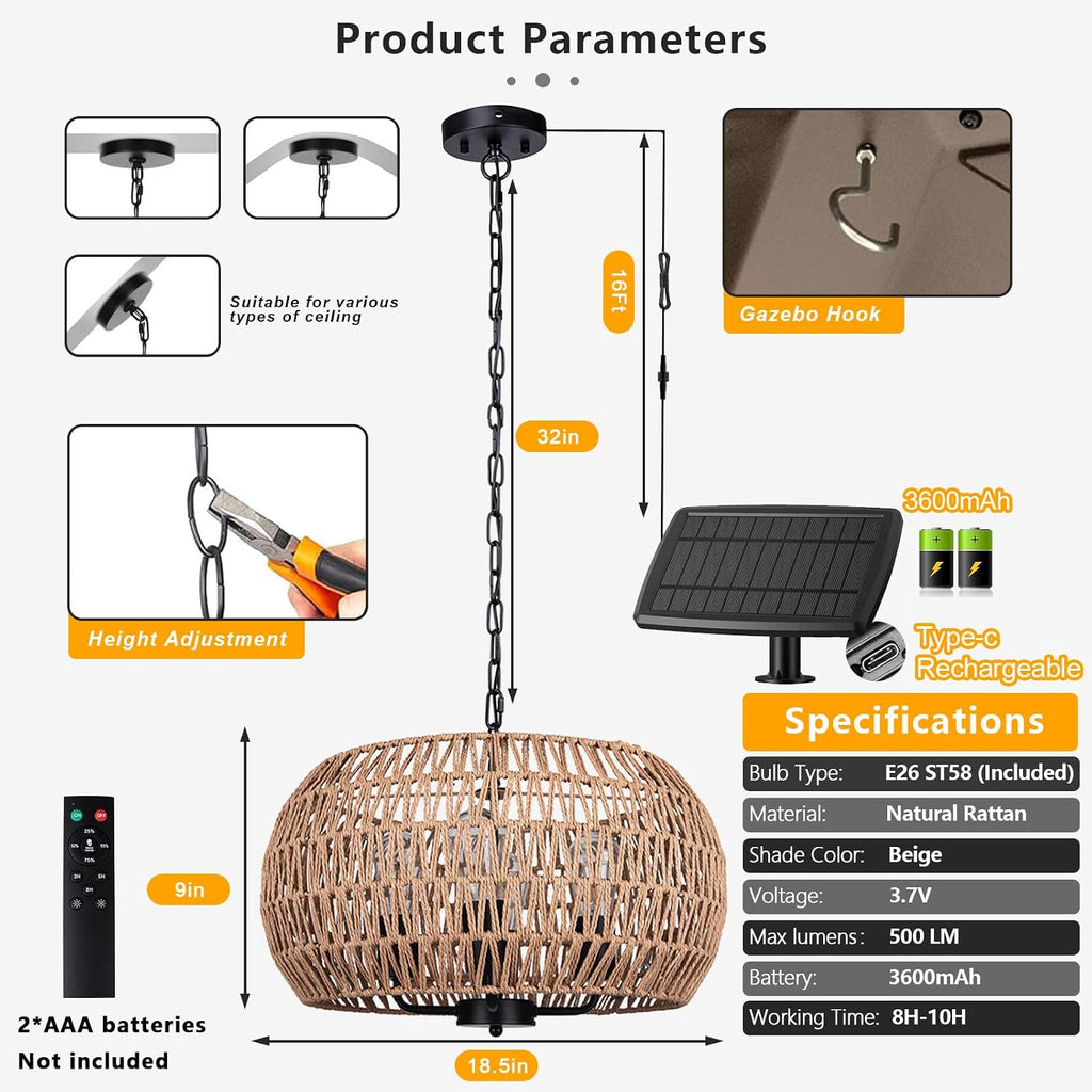 Rattan Solar Outdoor Chandelier 4-Light