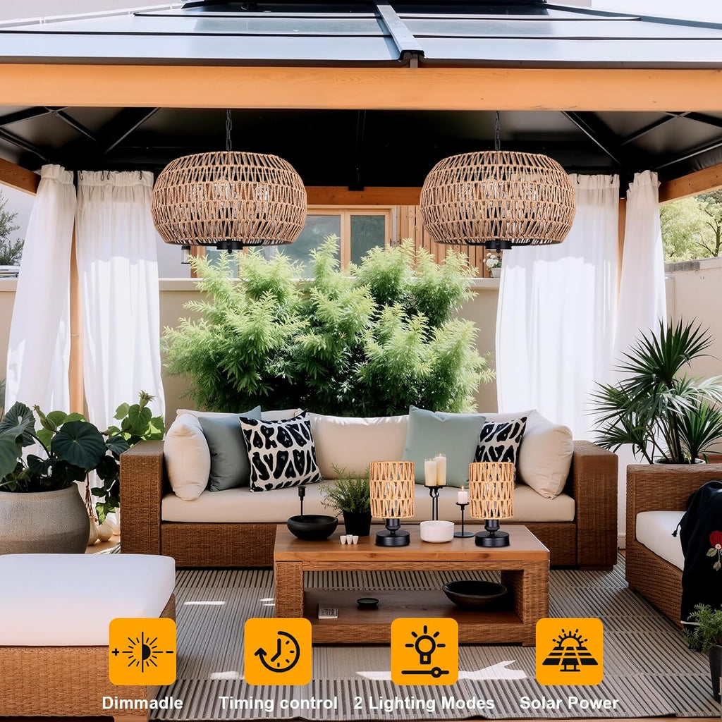 Rattan Solar Outdoor Chandelier 4-Light