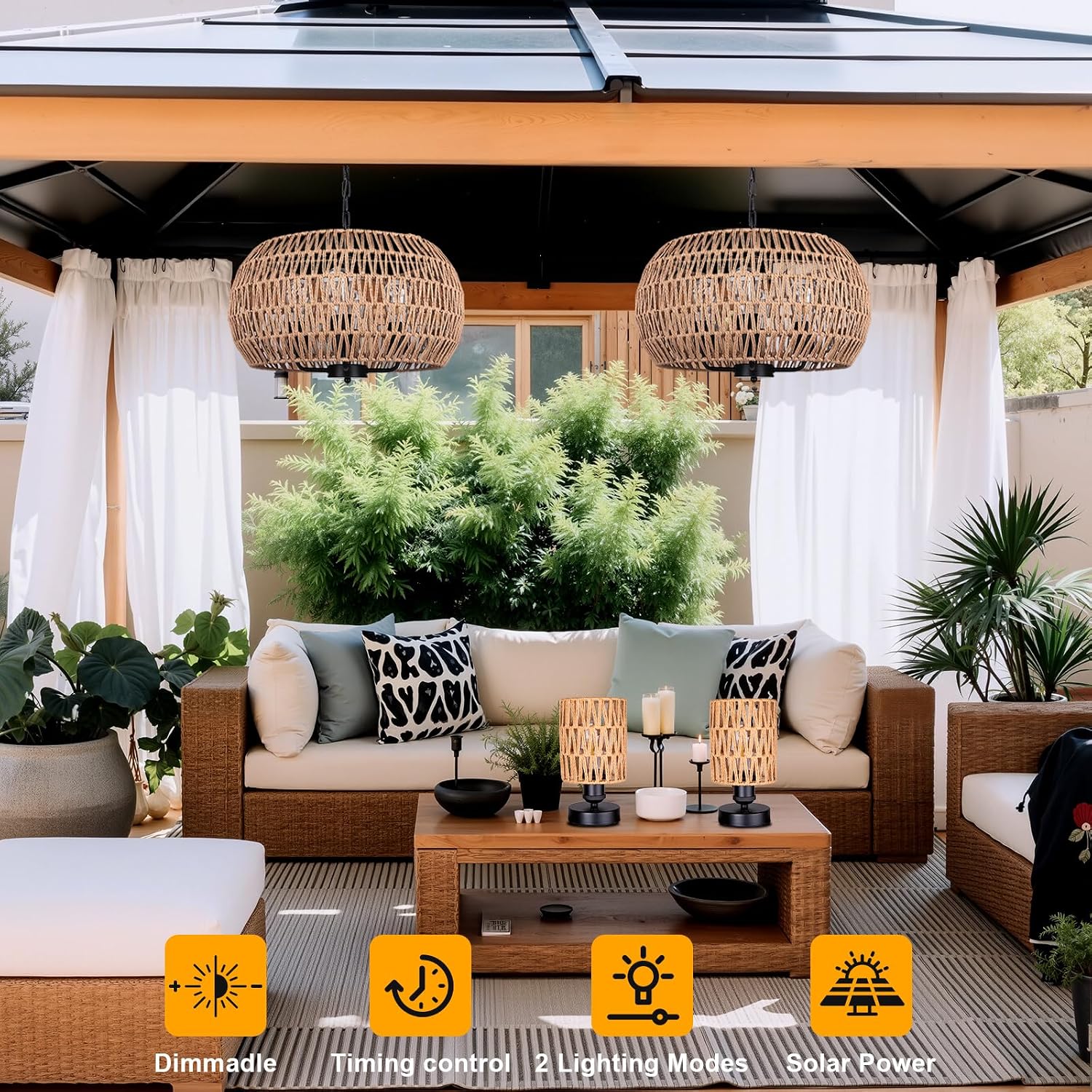 Rattan Solar Outdoor Chandelier 4-Light