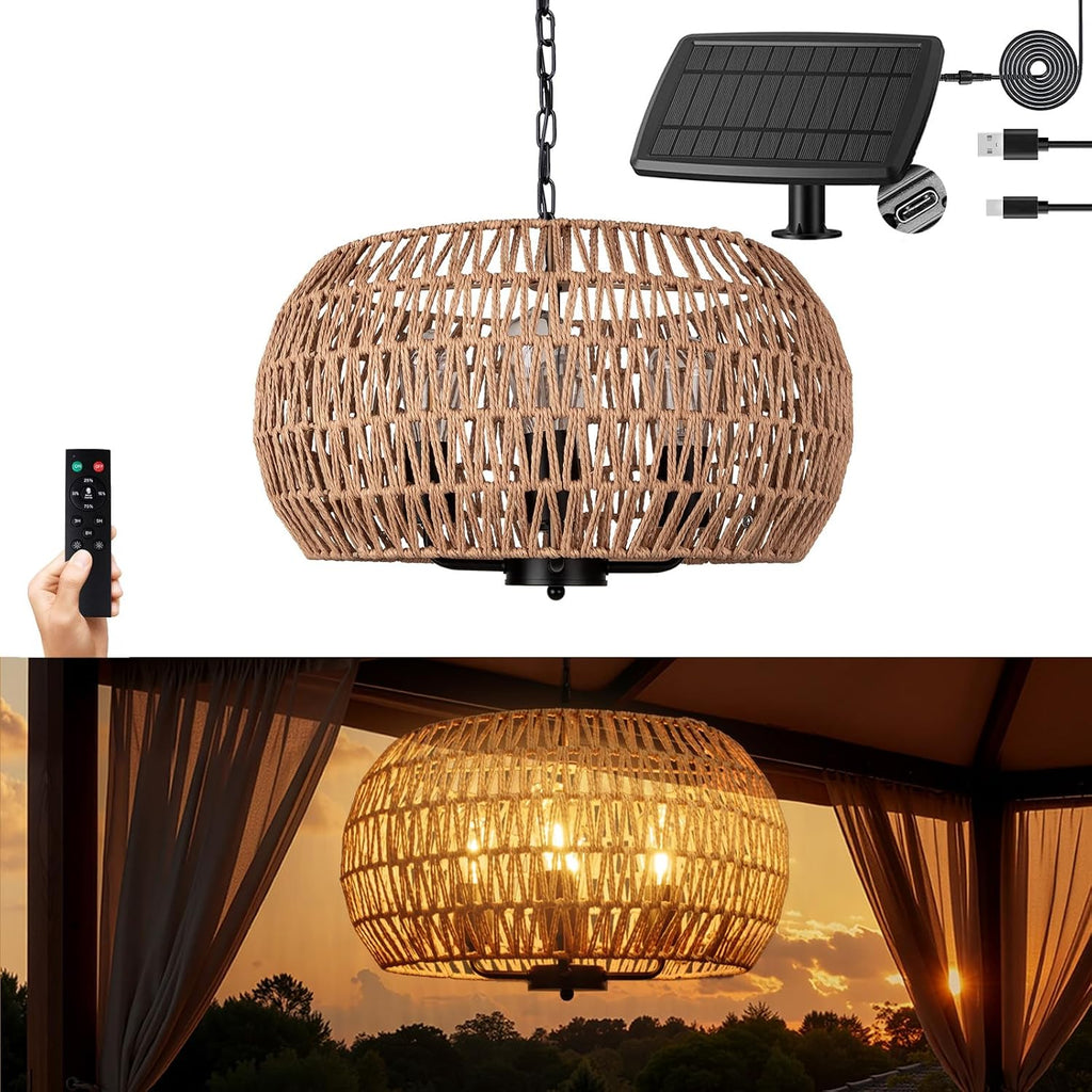 Rattan Solar Outdoor Chandelier 4-Light