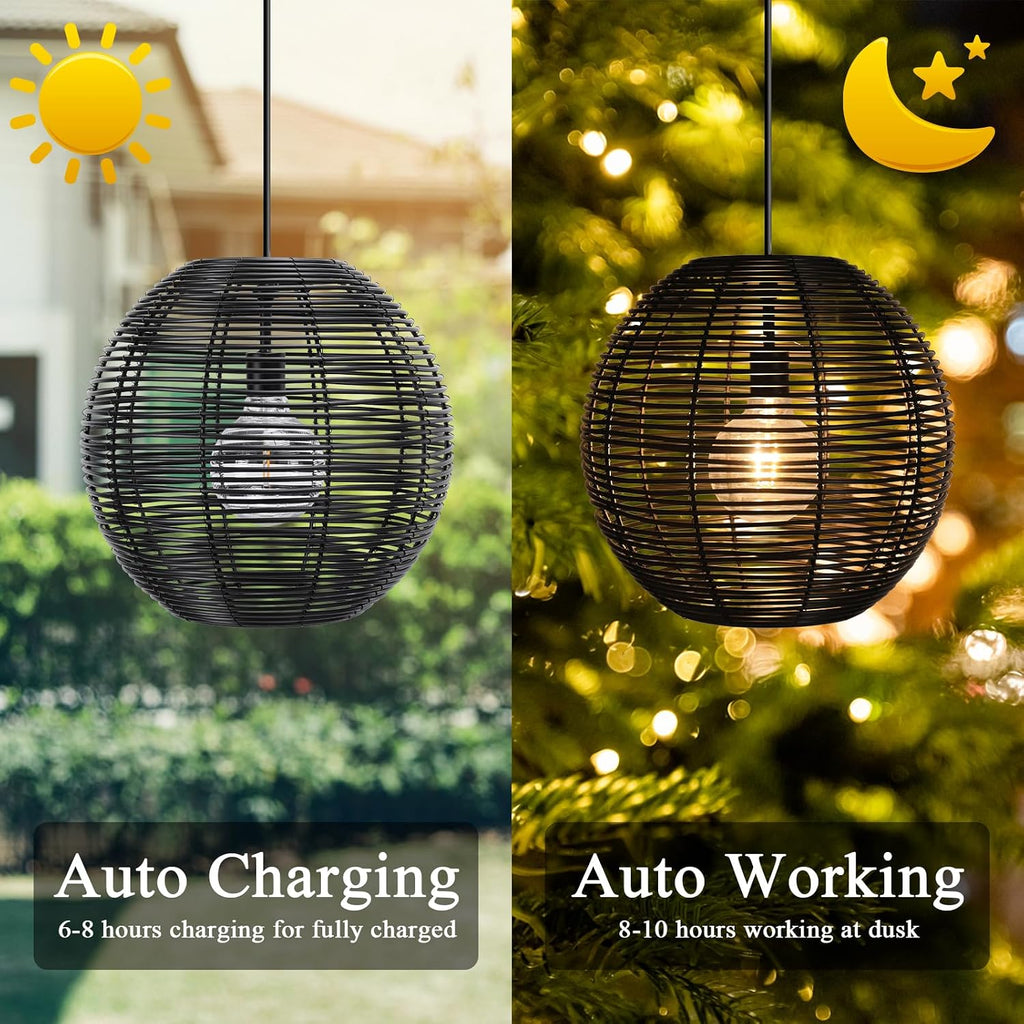 Rattan Solar Outdoor Pendant Chandelier with Remote