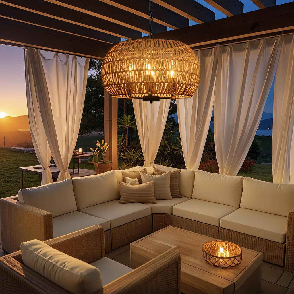 Rattan Solar Outdoor Chandelier 4-Light